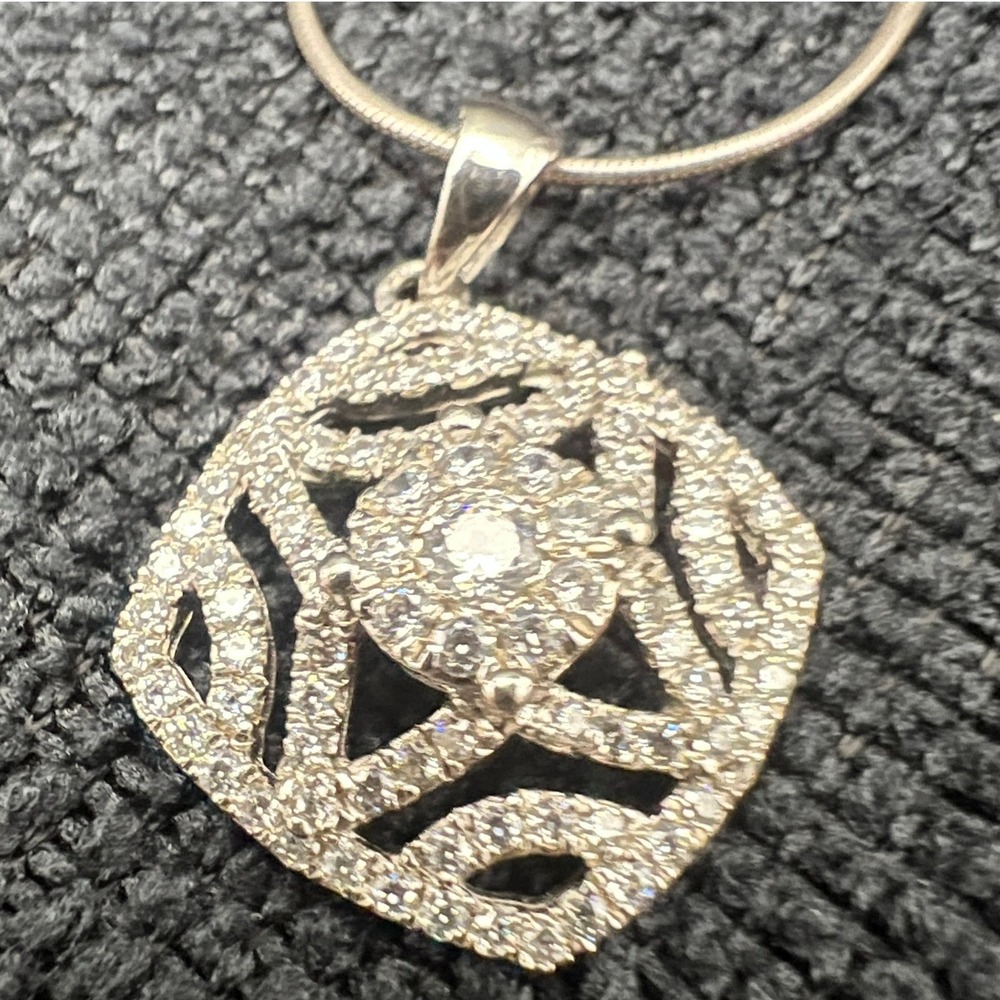 Sterling Silver Pave Set Glass Crystal Necklace Openwork Pendant Snake Chain 18"